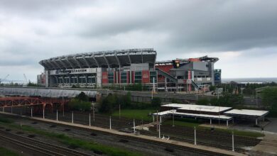 Archival full-frame exterior photograph of Huntington Bank Field in Cleveland in 2018