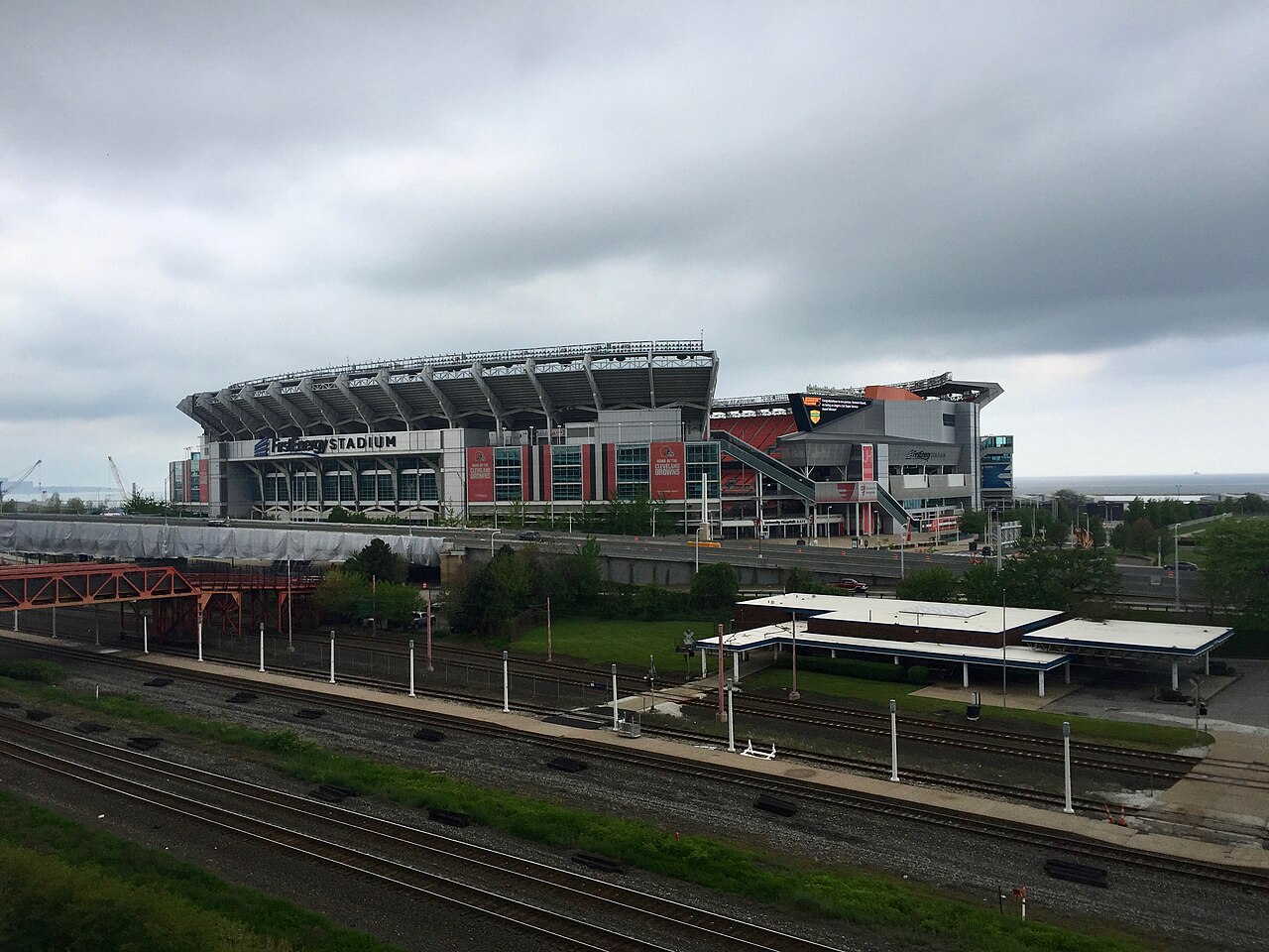 Archival full-frame exterior photograph of Huntington Bank Field in Cleveland in 2018