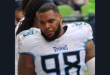 Archival full-frame photograph of Jeffery Simmons with the Tennessee Titans during a 2021 game in Seattle