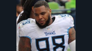 Archival full-frame photograph of Jeffery Simmons with the Tennessee Titans during a 2021 game in Seattle