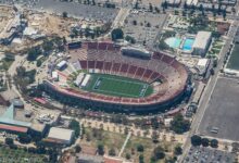 Archival full-frame aerial photograph of a Los Angeles Rams preseason game at the Memorial Coliseum in 2017