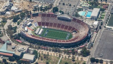 Archival full-frame aerial photograph of a Los Angeles Rams preseason game at the Memorial Coliseum in 2017