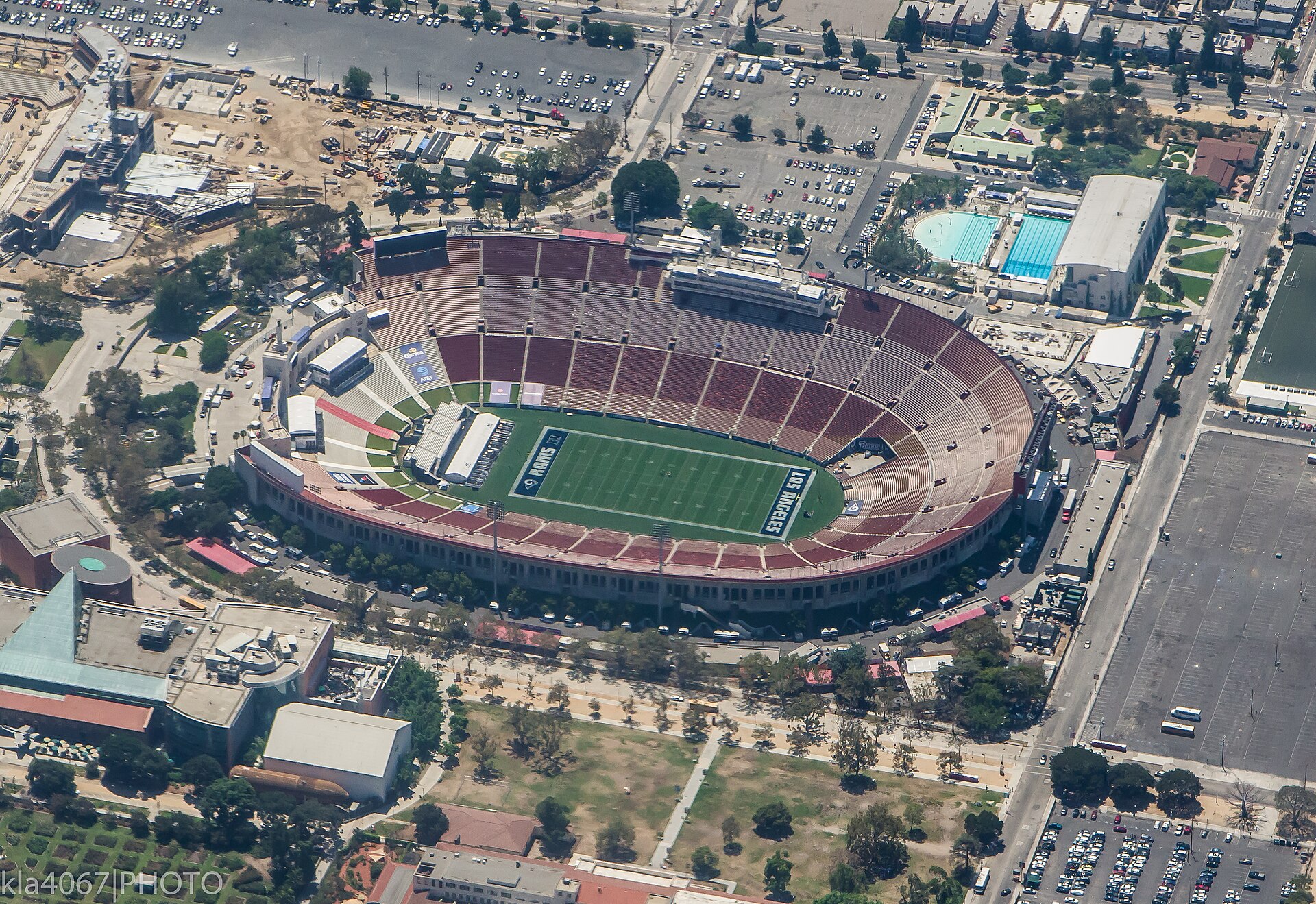 Archival full-frame aerial photograph of a Los Angeles Rams preseason game at the Memorial Coliseum in 2017