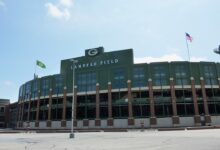Archival full-frame exterior photograph of Lambeau Field in Green Bay