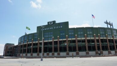 Archival full-frame exterior photograph of Lambeau Field in Green Bay
