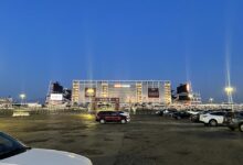 Archival 2023 night photograph of Levi's Stadium, home of the San Francisco 49ers