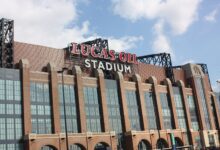 Archival full-frame photograph of the west side of Lucas Oil Stadium during public opening tours in 2008