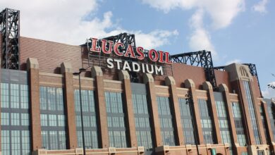 Archival full-frame photograph of the west side of Lucas Oil Stadium during public opening tours in 2008