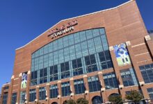 Archival full-frame exterior photograph of Lucas Oil Stadium in Indianapolis in 2024