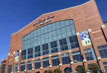 Archival full frame exterior photograph of Lucas Oil Stadium in Indianapolis