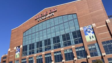 Archival full frame exterior photograph of Lucas Oil Stadium in Indianapolis