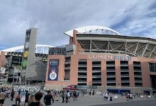 Archival exterior photograph of Lumen Field in Seattle in July 2023