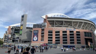 Archival exterior photograph of Lumen Field in Seattle in July 2023