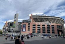 Archival full-frame exterior photograph of Lumen Field in Seattle in July 2023