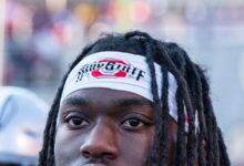 Archival photograph of Marvin Harrison Jr. leaving the field after warmups before a 2022 Ohio State game