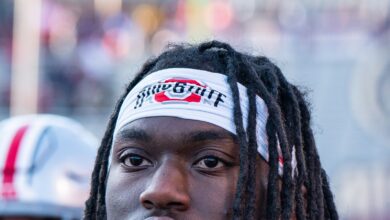 Archival photograph of Marvin Harrison Jr. leaving the field after warmups before a 2022 Ohio State game