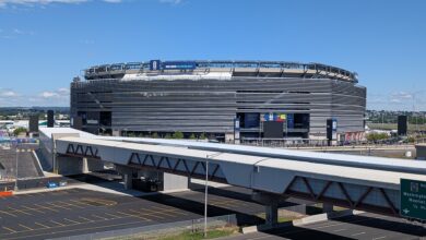 Archival full-frame exterior photograph of MetLife Stadium in East Rutherford in June 2026