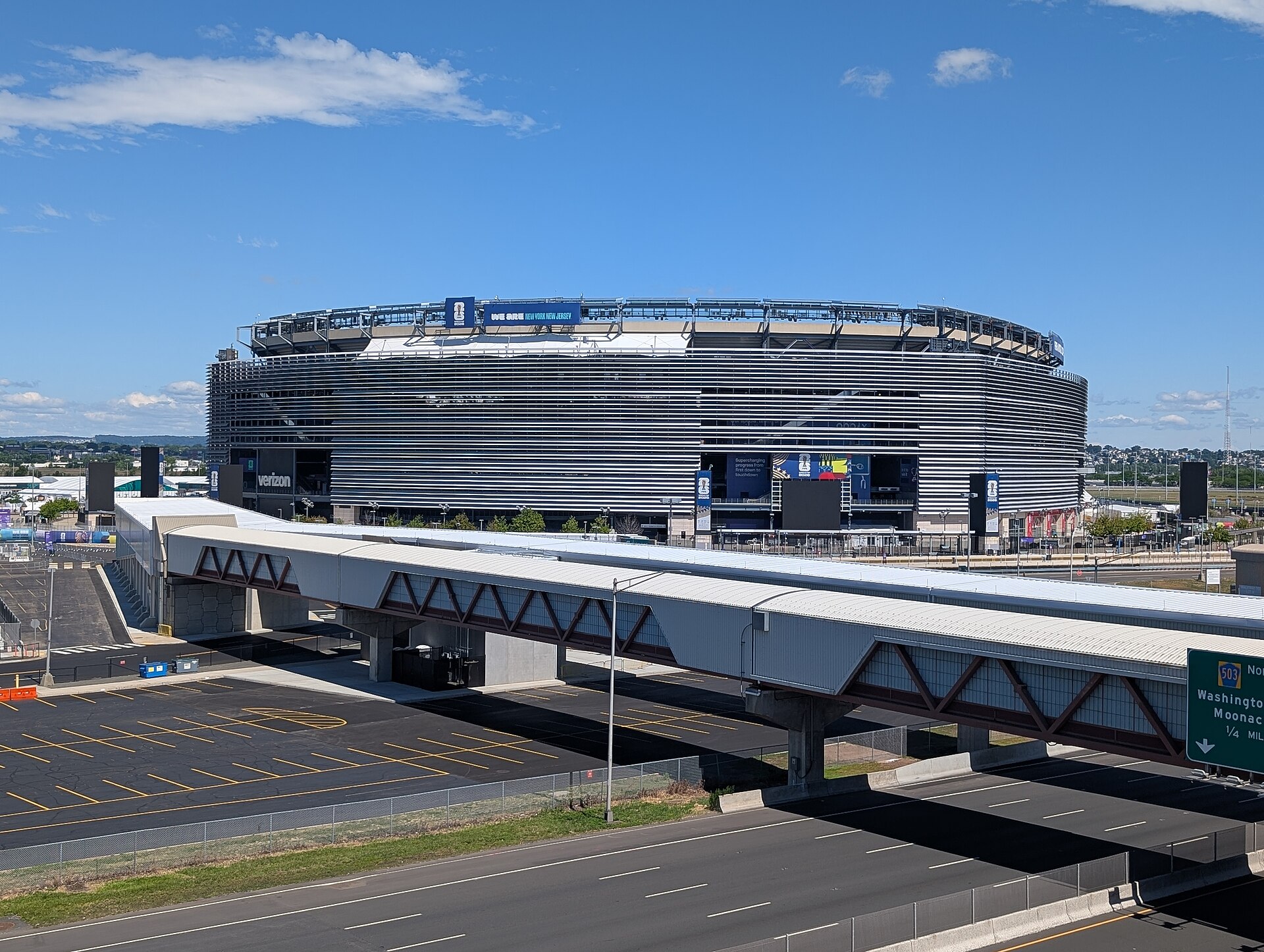 Archival full-frame exterior photograph of MetLife Stadium in East Rutherford in June 2026