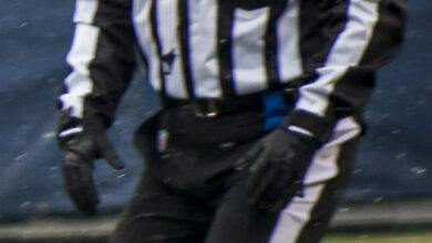Archival full-frame photograph of an NFL game official at Soldier Field in 2014