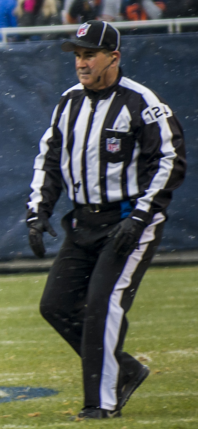 Archival full-frame photograph of an NFL game official at Soldier Field in 2014