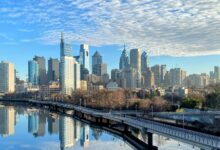 Archival full-frame photograph of the Philadelphia skyline viewed from the Schuylkill River area