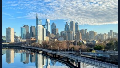 Archival full-frame photograph of the Philadelphia skyline viewed from the Schuylkill River area