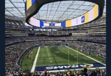 Archival photograph of SoFi Stadium during a Los Angeles Rams game in September 2022