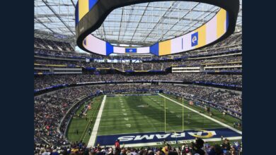 Archival photograph of SoFi Stadium during a Los Angeles Rams game in September 2022