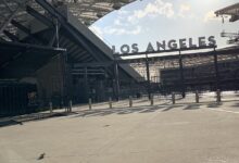 Archival full-frame photograph of the exterior of SoFi Stadium in Inglewood, California, in 2025