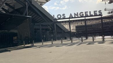 Archival full-frame photograph of the exterior of SoFi Stadium in Inglewood, California, in 2025