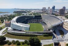 Archival full-frame photograph of Soldier Field in Chicago looking south in 2022