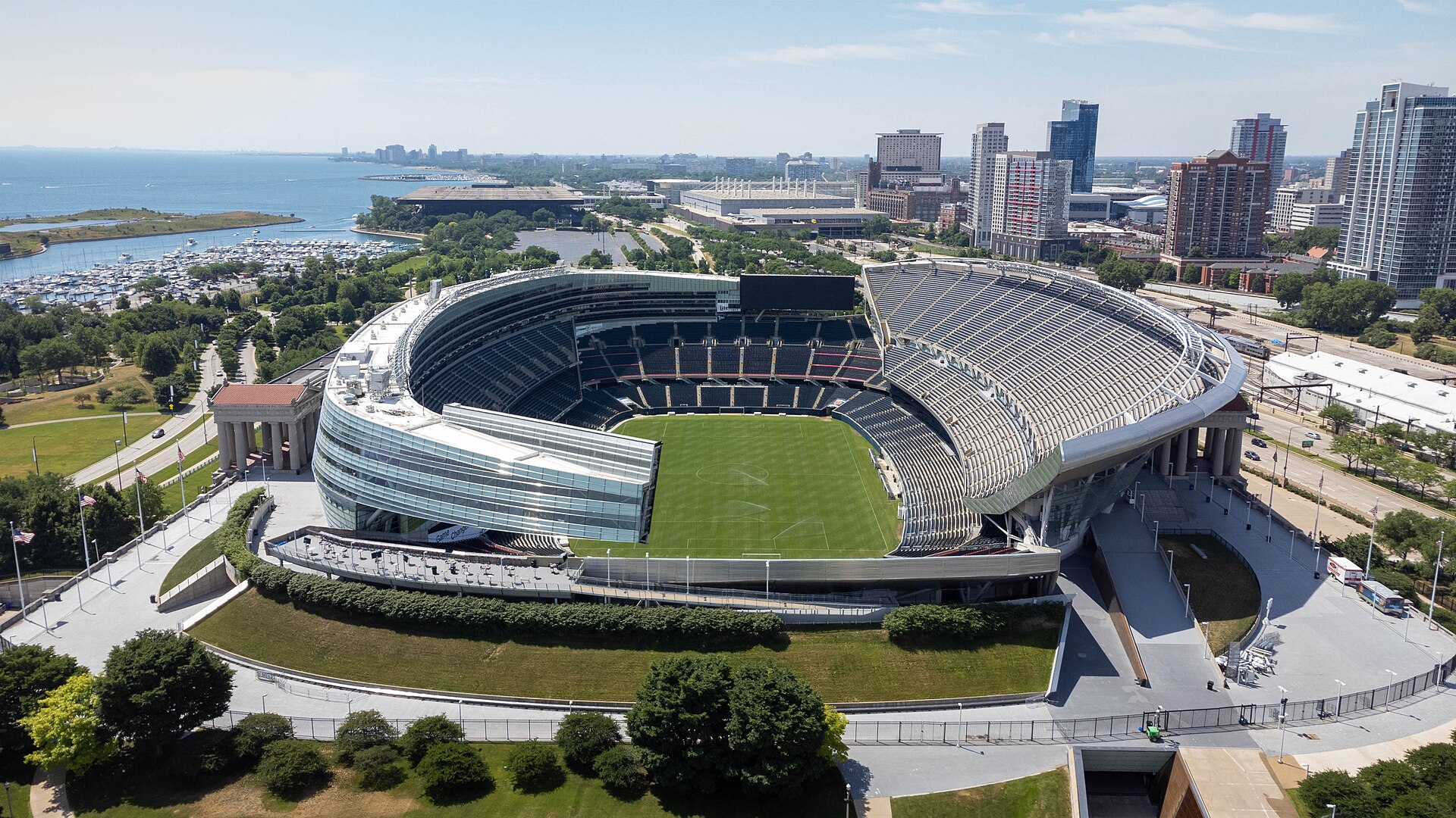 Archival full-frame photograph of Soldier Field in Chicago looking south in 2022