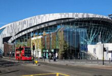 Archival 2024 exterior photograph of Tottenham Hotspur Stadium in London, site of the Eagles Jaguars game