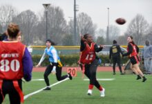 Women competing in a flag football tournament in Vicenza, Italy, in February 2024