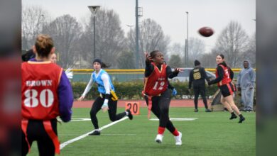 Women competing in a flag football tournament in Vicenza, Italy, in February 2024