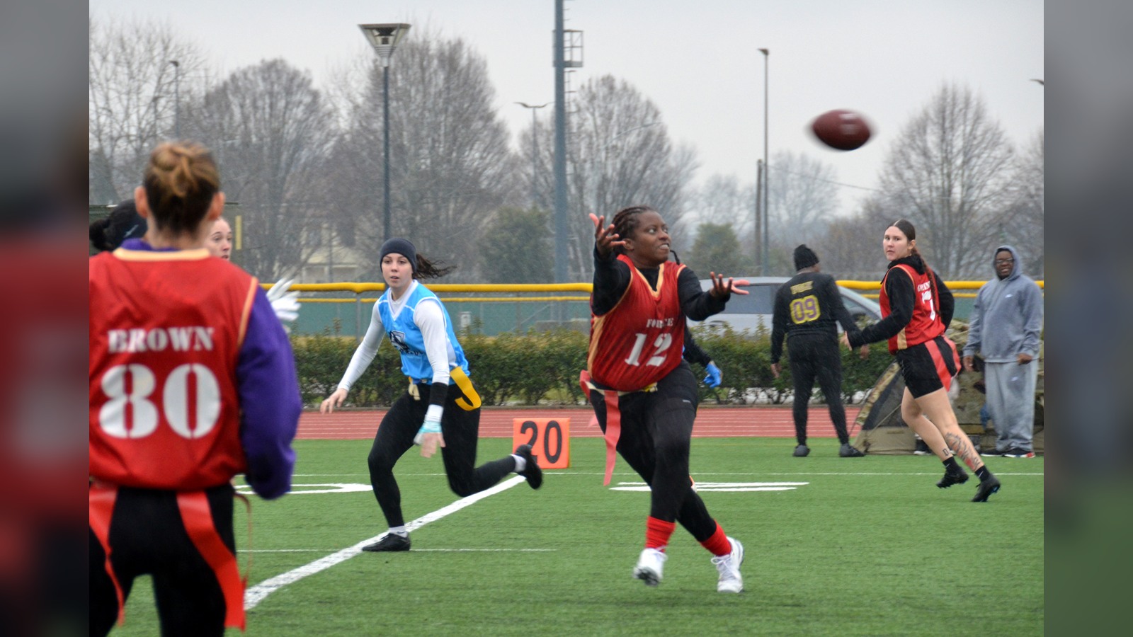 Women competing in a flag football tournament in Vicenza, Italy, in February 2024